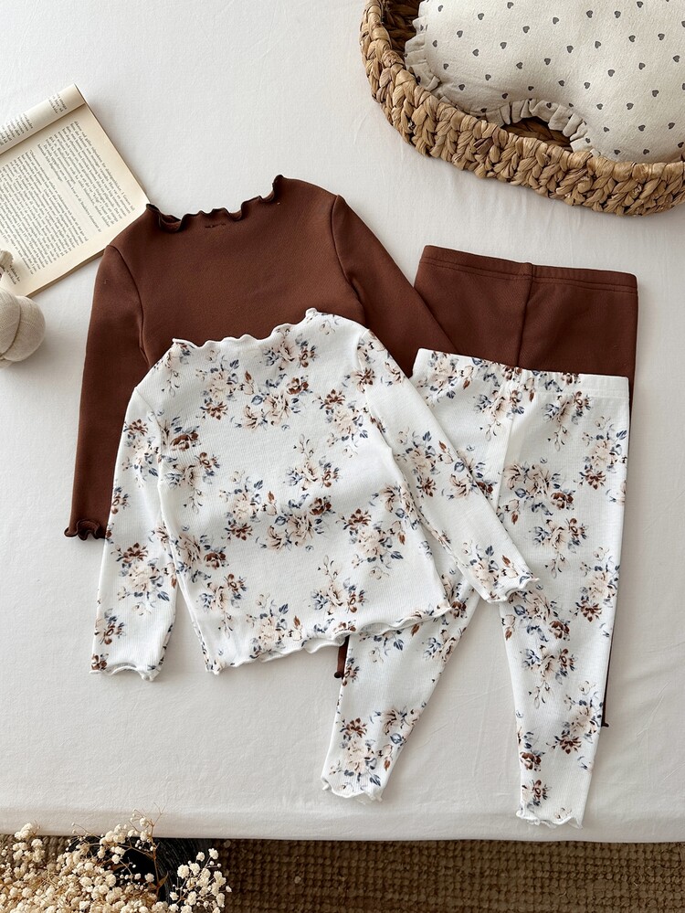 SHEIN Set Pakaian Tidur Rumahan Bayi Perempuan Motif Bunga Lucu, Kerah Bulat Berkerut, Lengan Panjang, Celana, Lembut, Nyaman, Ramah Kulit, 4 pcs, 2 Set Acak - MultiWarna - View 5