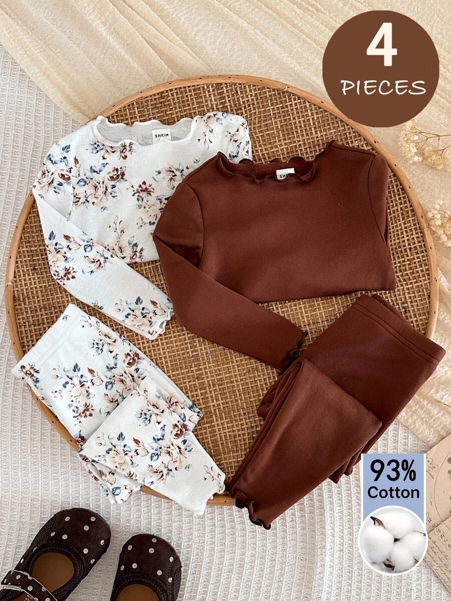 SHEIN Baby Girl Cute Floral Pattern Ruffle Round Neck Long Sleeve Pants Soft Comfortable Skin-Friendly Home Sleepwear Set 4pcs, 2 Random Sets - Multicolor - View 1