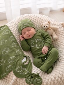 新生兒 0-12 個月森林風可愛小碎花連身衣，鏈飾工藝對比色長袖連腳開襠設計，鼠尾草綠，秋冬款 - 彩色 - 查看 5