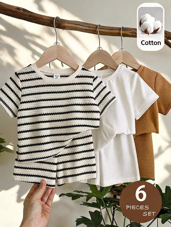 LMoss Kids 3sets Baby Boy Casual Round Neck T-Shirt And Elastic Waist Shorts,3 Random Sets