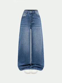 Tween Girl 1pc High Waist Bleach Wash Straight Leg Jeans - Medium Wash - View 4