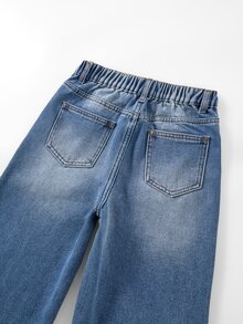 Tween Girl 1pc High Waist Bleach Wash Straight Leg Jeans - Medium Wash - View 8