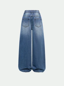 Tween Girl 1pc High Waist Bleach Wash Straight Leg Jeans - Medium Wash - View 2