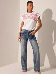 Lilora 女款高級優雅刺繡純棉T恤，時尚百搭休閒日常居家、外出、聚會，夏季白色與黃色 - 白色 - 查看 6