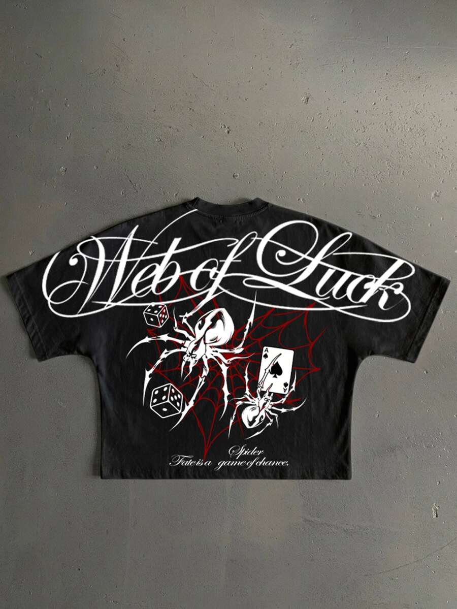 Manfinity ZONE917 Kaos Lengan Pendek Pria dengan Gambar Laba-laba & Huruf - Hitam - View 1