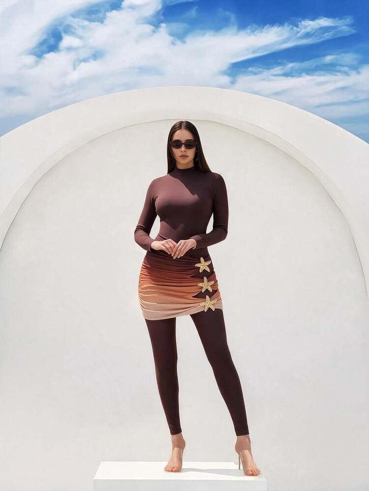 Swim Mulvari Women's Gradient Color Long Sleeve Top And Long Pants Burkini Two-Piece Swimsuit Set - Brown - View 1