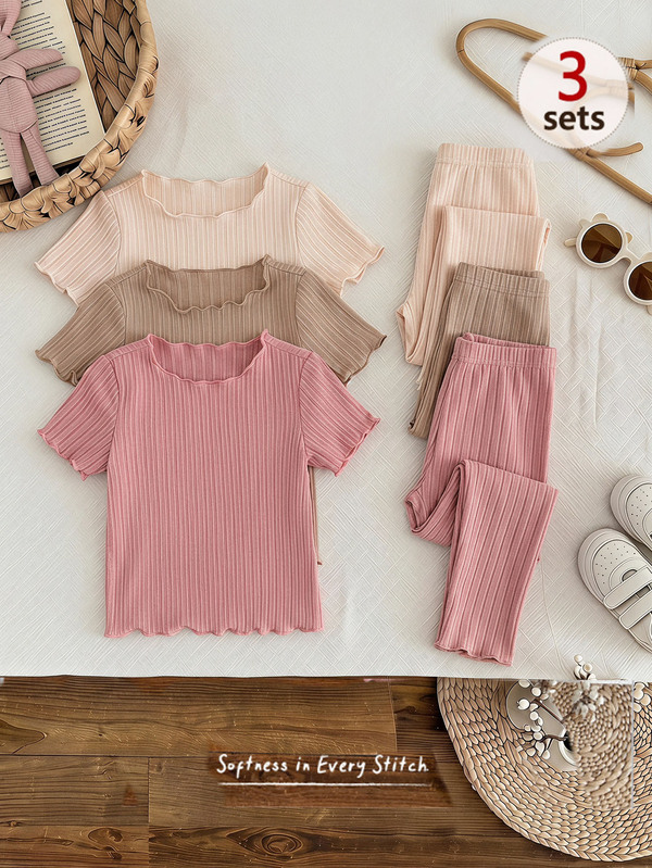 Cozy Pixies Baby Mädchen Lässig Alltag Süß Zuhause Rundhals Rüschen Top und Leggings Set 3 Stücke Loungewear 6 Pack Strick Rippstrick