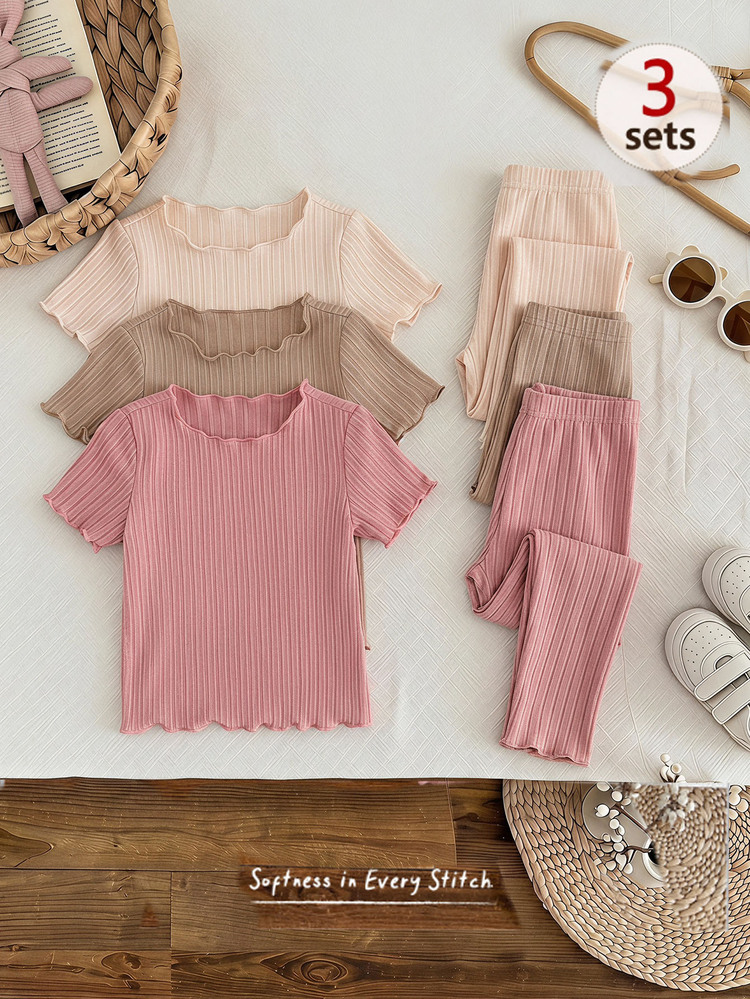 Cozy Pixies Baby Girl Casual Daily Cute Home Round Neck Ruffle Top And Leggings Set 3-Piece Loungewear 6-Pack Knit Ribbed - Multicolor - View 1