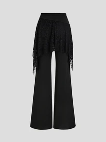 Sweetra Celana Panjang Wanita Premium Elegan Serbaguna untuk Perjalanan & Nyaman, Terbuat dari Sutra Susu dengan Desain Renda Kontras & Warna Hitam - Hitam - View 4