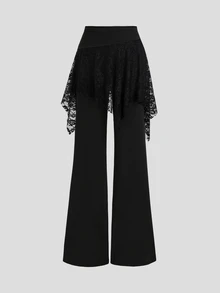 Sweetra Celana Panjang Wanita Premium Elegan Serbaguna untuk Perjalanan & Nyaman, Terbuat dari Sutra Susu dengan Desain Renda Kontras & Warna Hitam - Hitam - View 1