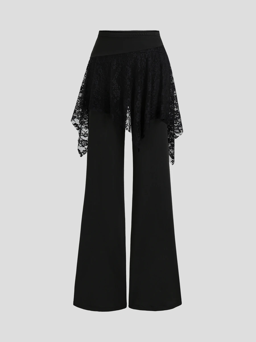 Sweetra Celana Panjang Wanita Premium Elegan Serbaguna untuk Perjalanan & Nyaman, Terbuat dari Sutra Susu dengan Desain Renda Kontras & Warna Hitam - Hitam - View 1