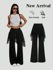 Sweetra Celana Panjang Wanita Premium Elegan Serbaguna untuk Perjalanan & Nyaman, Terbuat dari Sutra Susu dengan Desain Renda Kontras & Warna Hitam - Hitam - View 2
