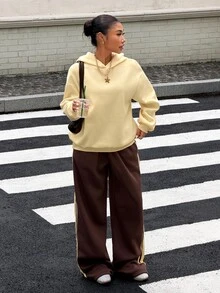 Muchica Women's Solid Color Drop Shoulder Long Sleeve Hooded Sweatshirt And Pants Casual Set - Multicolor - View 4