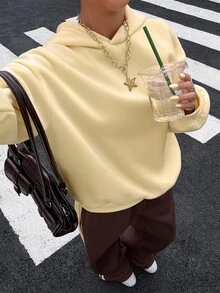 Muchica Women's Solid Color Drop Shoulder Long Sleeve Hooded Sweatshirt And Pants Casual Set - Multicolor - View 2