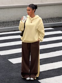 Muchica Women's Solid Color Drop Shoulder Long Sleeve Hooded Sweatshirt And Pants Casual Set - Multicolor - View 1