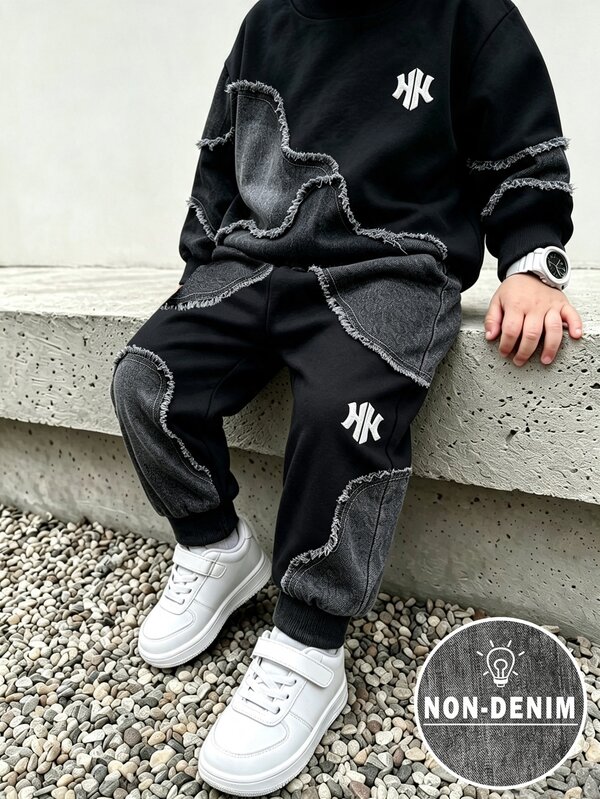 Young Girl 2pcs Set Casual Fashion Spring Summer Autumn Boys Crew Neck Sweatshirt & Sweatpants Set, Cool Geometric Patchwork Pattern, Elastic Soft Fabric, Spring Summer Autumn Boys Outfit, Suitable For Casual Outings, Back To School, Parties, Outdoor Picnics, Street Photography, Campus, Festivals, Gifts