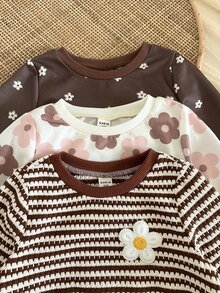 LMoss Kids 女嬰復古花卉圖案條紋針織柔軟圓領長袖套頭衛衣彈性腰收口秋冬長褲6件套 - 彩色 - 查看 3