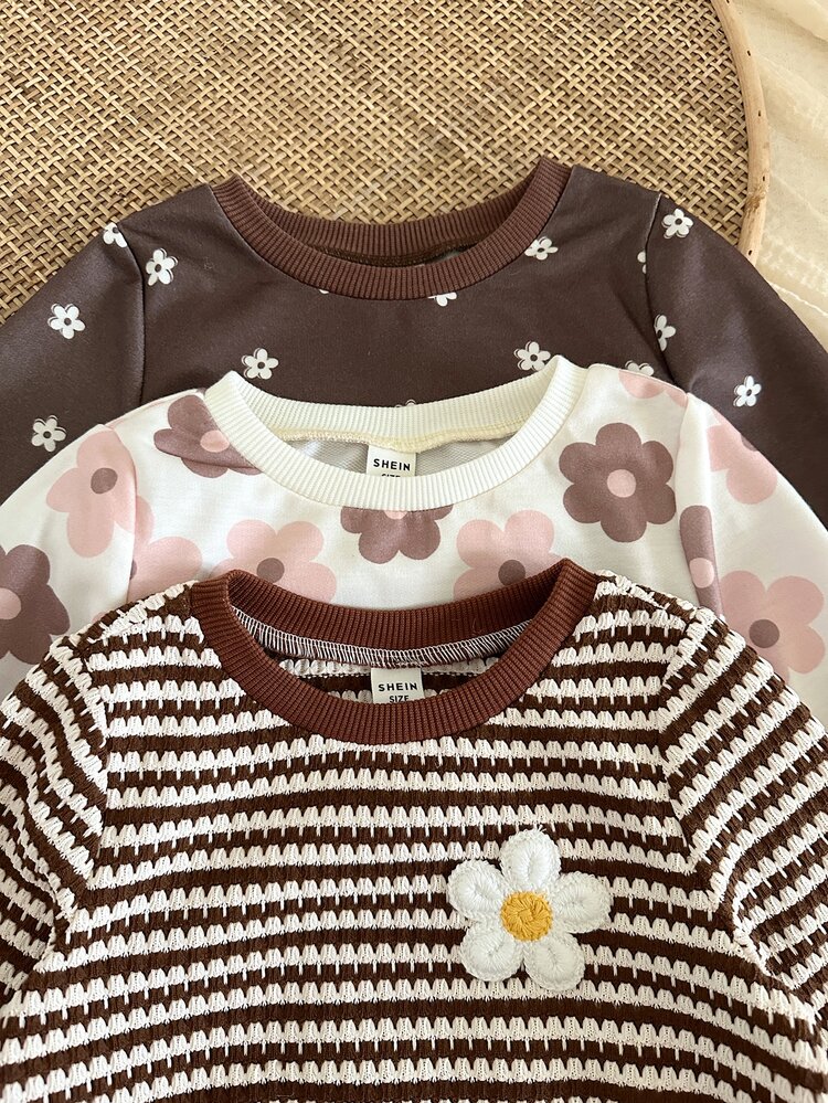 LMoss Kids Baby Girl Vintage Floral Pattern Striped Knit Soft Crew Neck Long Sleeve Pullover Sweatshirt Elastic Waist Cuffed Autumn Winter Pants 6pcs -Piece Set - Multicolor - View 3