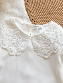SHEIN ملابس علوية بنات مطرزة فاخرة بطبقتين وياقة بيتر بان، ملابس علوية للخريف، خريف، تطريز مجوف حلو بياقة كبيرة - أبيض - مشاهدة 5
