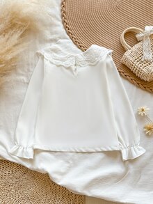 SHEIN ملابس علوية بنات مطرزة فاخرة بطبقتين وياقة بيتر بان، ملابس علوية للخريف، خريف، تطريز مجوف حلو بياقة كبيرة - أبيض - مشاهدة 2