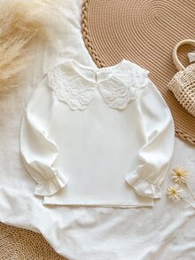 SHEIN ملابس علوية بنات مطرزة فاخرة بطبقتين وياقة بيتر بان، ملابس علوية للخريف، خريف، تطريز مجوف حلو بياقة كبيرة - أبيض - مشاهدة 3