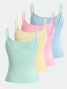 SHEIN Girlism 青少年女孩針織簡約休閒彩色馬卡龍色細肩帶背心上衣 4件組 - 彩色 - 查看 2
