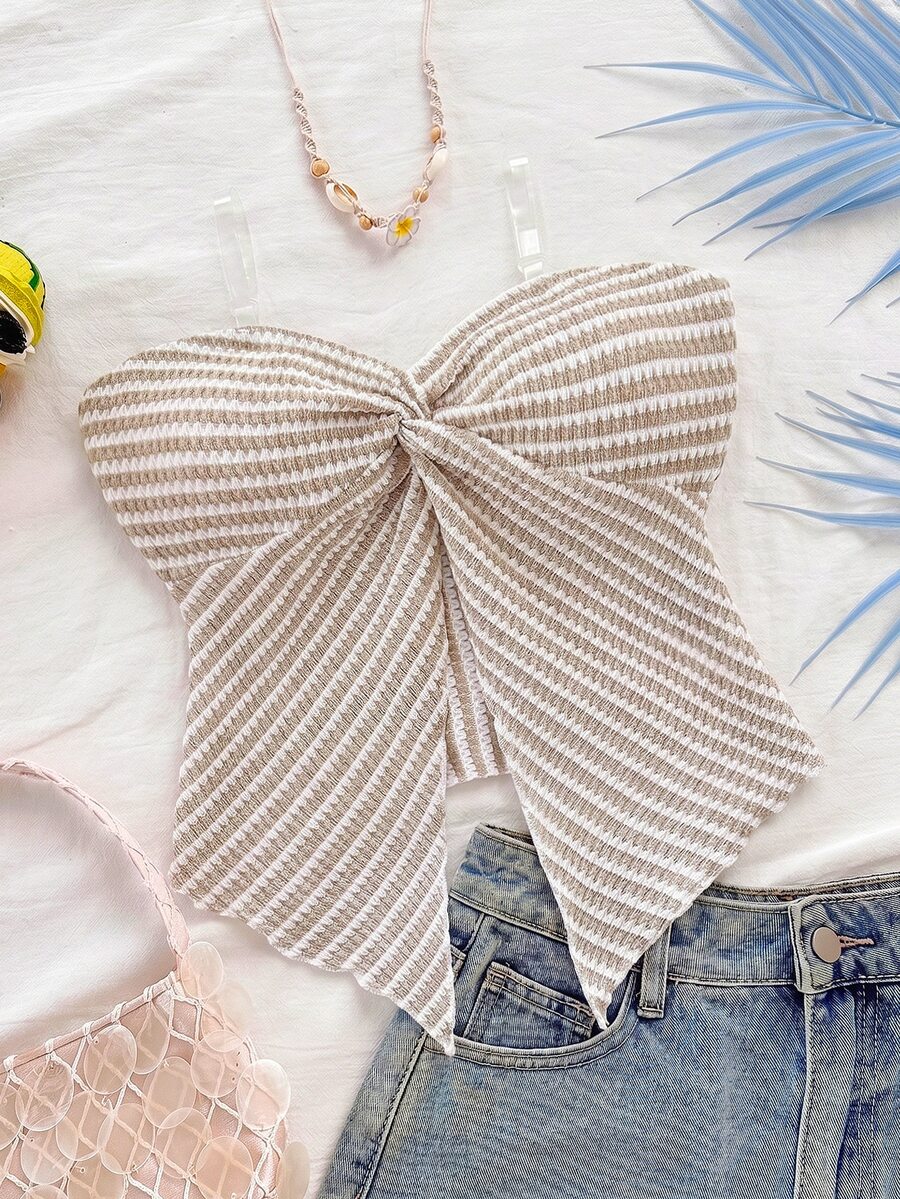 SHEIN Teen Girls Tank Tops & Camis, Vacation Summer Fashion Casual Knit Textured Striped Bandeau Tank Top, - Multicolor - View 1