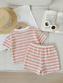 SHEIN LMoss Kids 女嬰條紋蝴蝶結裝飾圓領短袖T恤與短褲套裝 - 粉色 - 查看 2