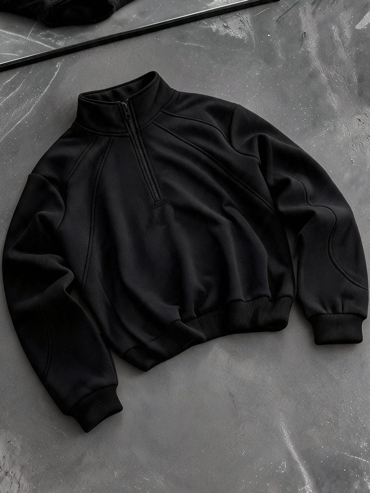 FRESIVO Men's Casual Versatile Solid Color Half-Zip Stand Collar Sweatshirt - Black - View 6