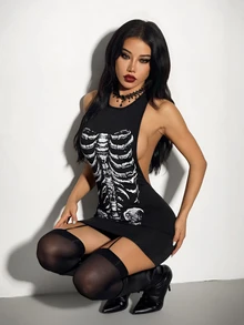 SHEIN ICON 骷髏印花緊身洋裝 - 黑色 - 查看 1