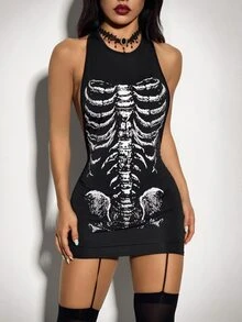 SHEIN ICON 骷髏印花緊身洋裝 - 黑色 - 查看 5