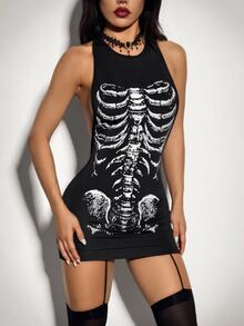 SHEIN ICON 骷髏印花緊身洋裝 - 黑色 - 查看 3