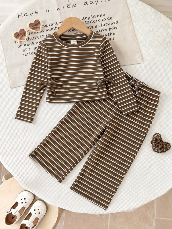 LMoss Kids Babygirl Casual Versatile Striped Knit Coffee Color Long Sleeve T-Shirt And Pants Set