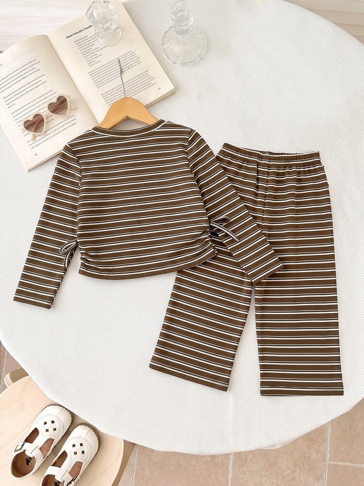 LMoss Kids Conjunto de camiseta de manga larga y pantalones a rayas de color café versátil y casual para bebé niña - Multicolor - Añade 2