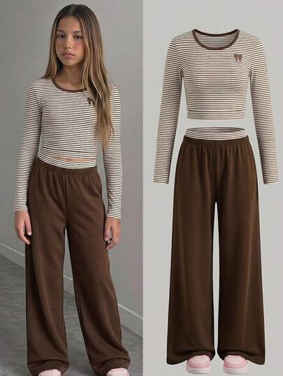 Girls 2 Piece Stripe Long Sleeve Top And Wide Leg Pants Set, High Waist Casual Streetwear Outfit, Autumn Daily Wear White Birthday Bottle Girl