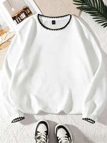 Flirla Plus Size Women's Embroidery Round Neck Thermal Lined Casual Sweatshirt,Autumn And Winter - White - View 3