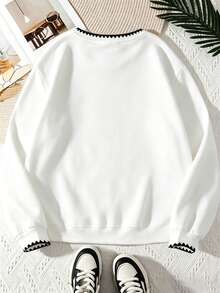 Flirla Plus Size Women's Embroidery Round Neck Thermal Lined Casual Sweatshirt,Autumn And Winter - White - View 2