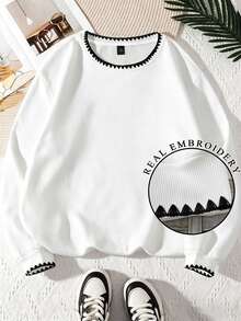 Flirla Plus Size Women's Embroidery Round Neck Thermal Lined Casual Sweatshirt,Autumn And Winter - White - View 1