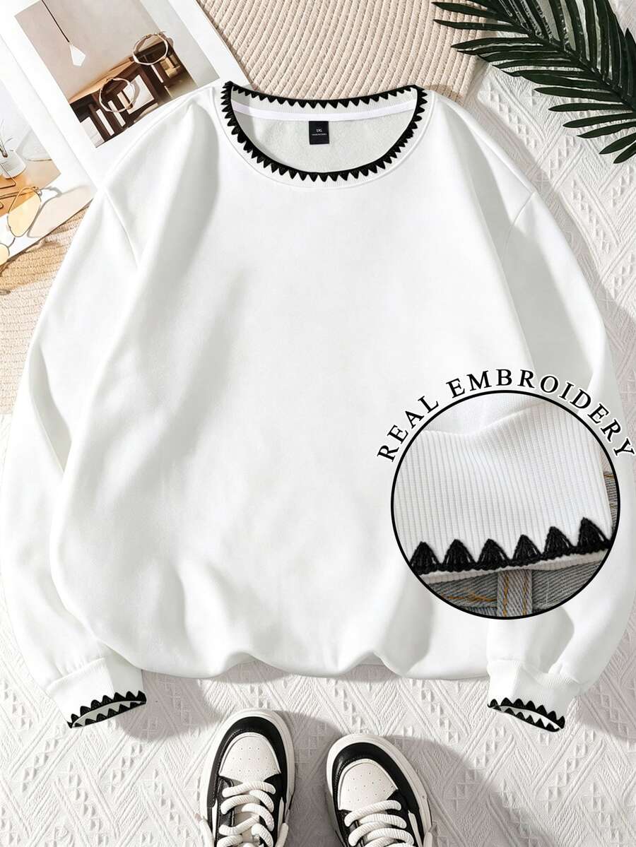 Flirla Plus Size Women's Embroidery Round Neck Thermal Lined Casual Sweatshirt,Autumn And Winter - White - View 1