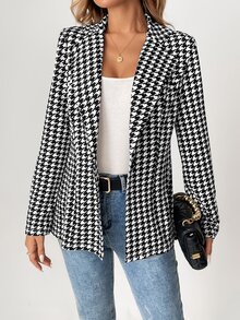 SHEIN Tall Women's Houndstooth Check Blazer Jacket In Summer, Tall Teachers' Day Office Work Black And White Checkered Elegant Smart Casual Business Casual - Black and White - View 4