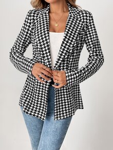 SHEIN Tall Women's Houndstooth Check Blazer Jacket In Summer, Tall Teachers' Day Office Work Black And White Checkered Elegant Smart Casual Business Casual - Black and White - View 6