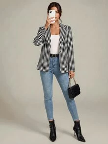SHEIN Tall Women's Houndstooth Check Blazer Jacket In Summer, Tall Teachers' Day Office Work Black And White Checkered Elegant Smart Casual Business Casual - Black and White - View 3