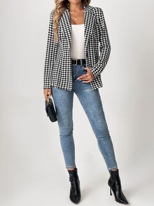 SHEIN Tall Women's Houndstooth Check Blazer Jacket In Summer, Tall Teachers' Day Office Work Black And White Checkered Elegant Smart Casual Business Casual - Black and White - View 5