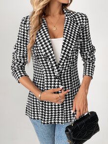 SHEIN Tall Women's Houndstooth Check Blazer Jacket In Summer, Tall Teachers' Day Office Work Black And White Checkered Elegant Smart Casual Business Casual - Black and White - View 7