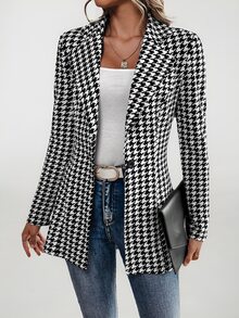 SHEIN Tall Women's Houndstooth Check Blazer Jacket In Summer, Tall Teachers' Day Office Work Black And White Checkered Elegant Smart Casual Business Casual - Black and White - View 8