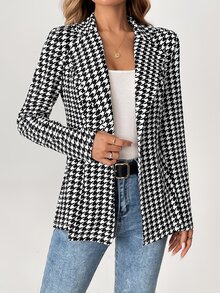 SHEIN Tall Women's Houndstooth Check Blazer Jacket In Summer, Tall Teachers' Day Office Work Black And White Checkered Elegant Smart Casual Business Casual - Black and White - View 9