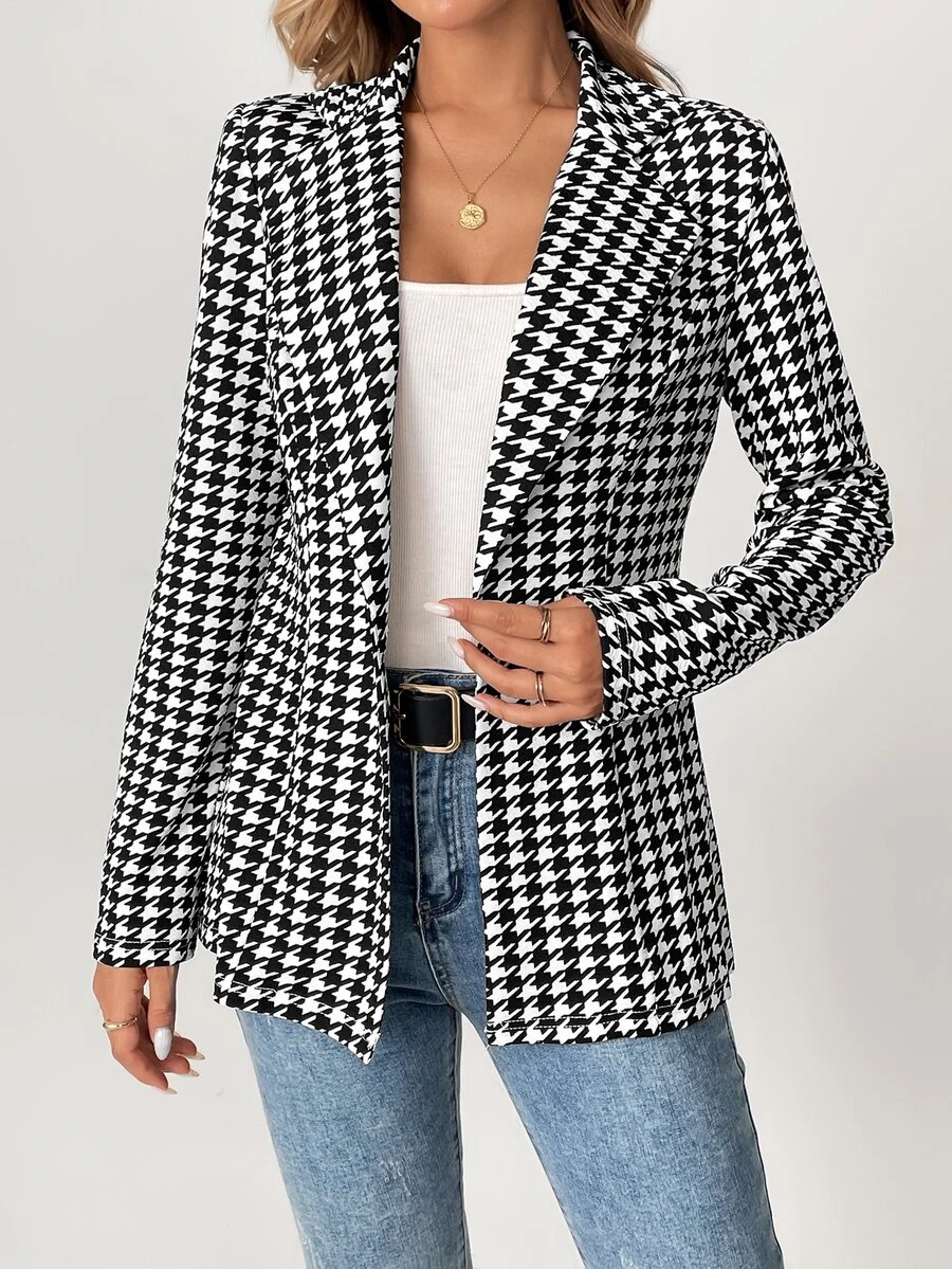 SHEIN Tall Women's Houndstooth Check Blazer Jacket In Summer, Tall Teachers' Day Office Work Black And White Checkered Elegant Smart Casual Business Casual - Black and White - View 1