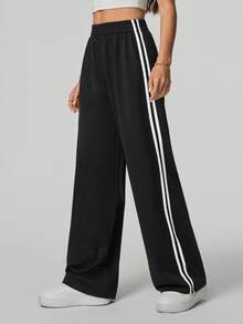 SHEIN Tall 休閒黑白條紋側條紋長褲 素色時尚款 女教師畢業返校穿搭 高個女性適用 秋冬 - 黑色 - 查看 7