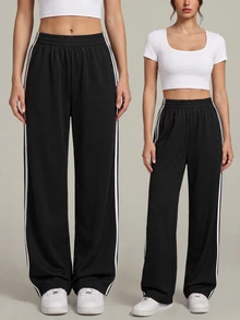 SHEIN Tall 休閒黑白條紋側條紋長褲 素色時尚款 女教師畢業返校穿搭 高個女性適用 秋冬 - 黑色 - 查看 4