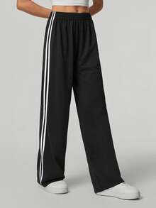 SHEIN Tall 休閒黑白條紋側條紋長褲 素色時尚款 女教師畢業返校穿搭 高個女性適用 秋冬 - 黑色 - 查看 9